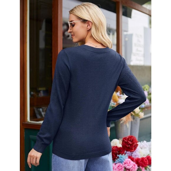 Women's Navy Blue Wool Long Sleeve Crochet Pullover V Neck Lightweight Sweater - Picture 4 of 7